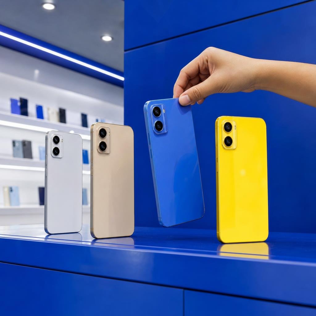 Rows of new smartphones displayed on a bright store counter